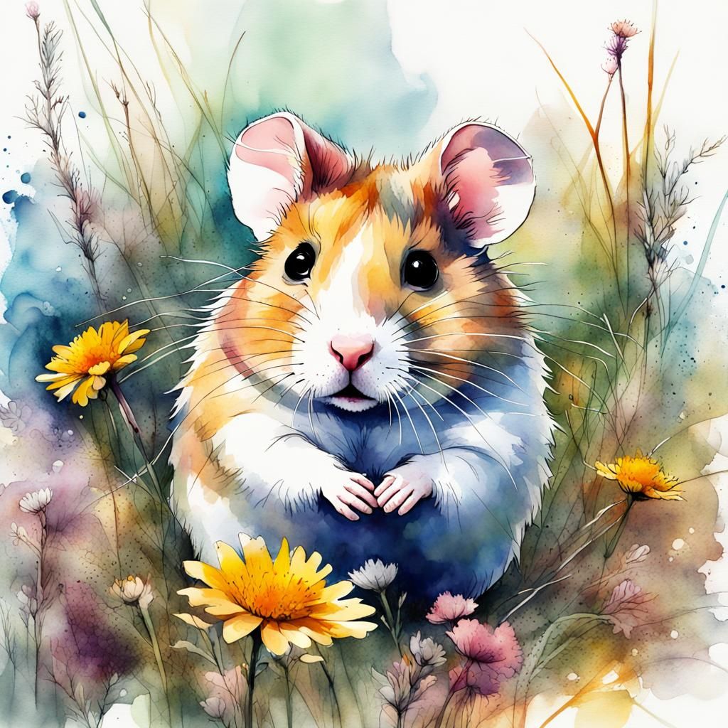 Hamster in Wildflowers: Digital Watercolor Illustration