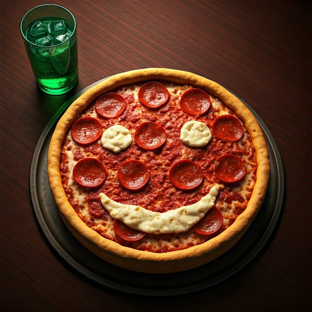 A Masterpiece of a Pizza with a Smile, Set in a Warm and Vib...