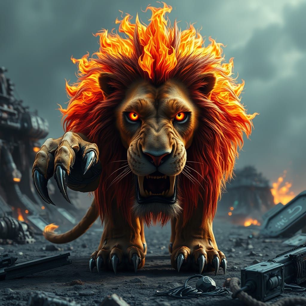 Majestic Fire Lion Ruler of a Post-Apocalyptic Wasteland
