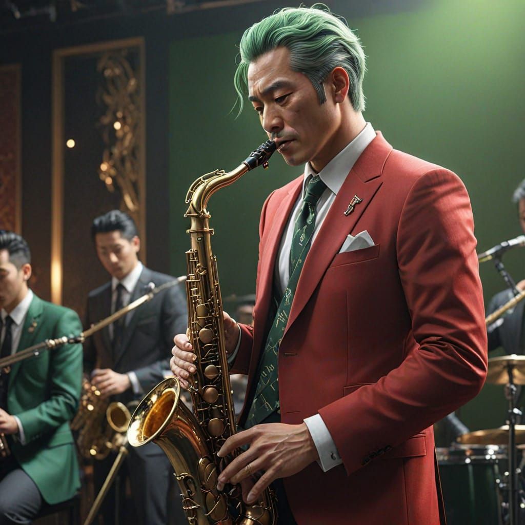 Saxophonist in Red Business Suit Plays Moody Stage