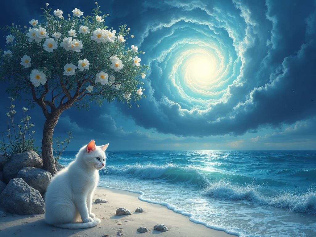 Whimsical White Cat Amidst Celestial Beach Scene