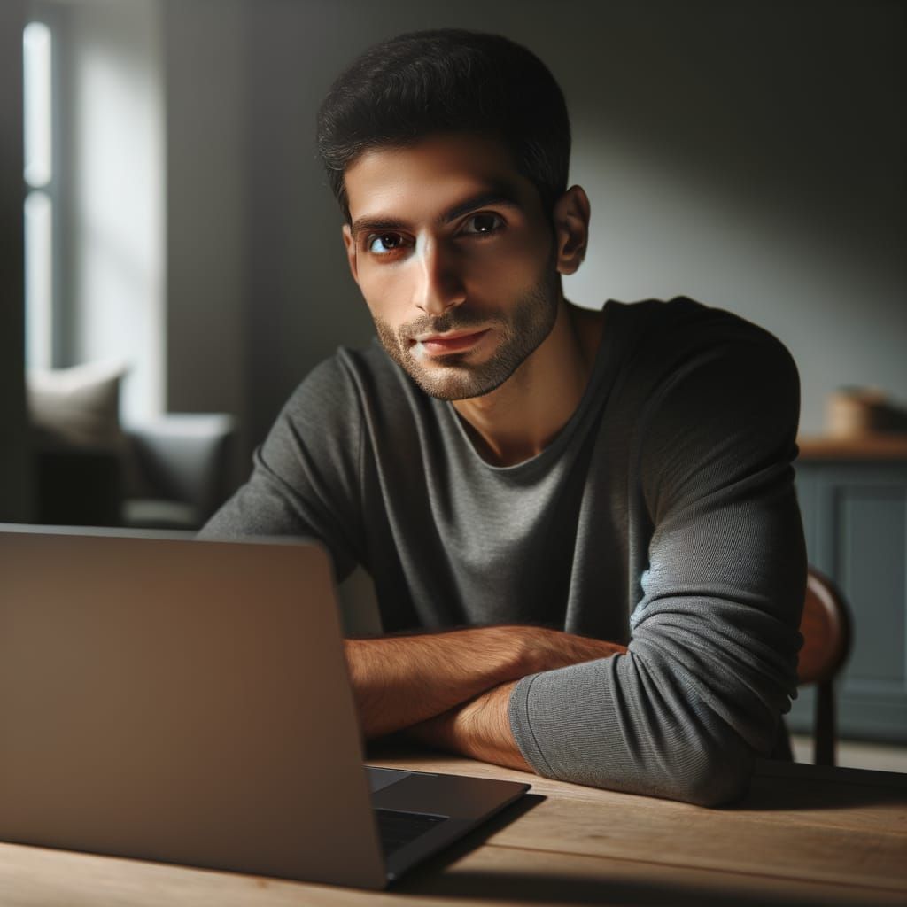 Man Gazes Directly From Minimalist Office