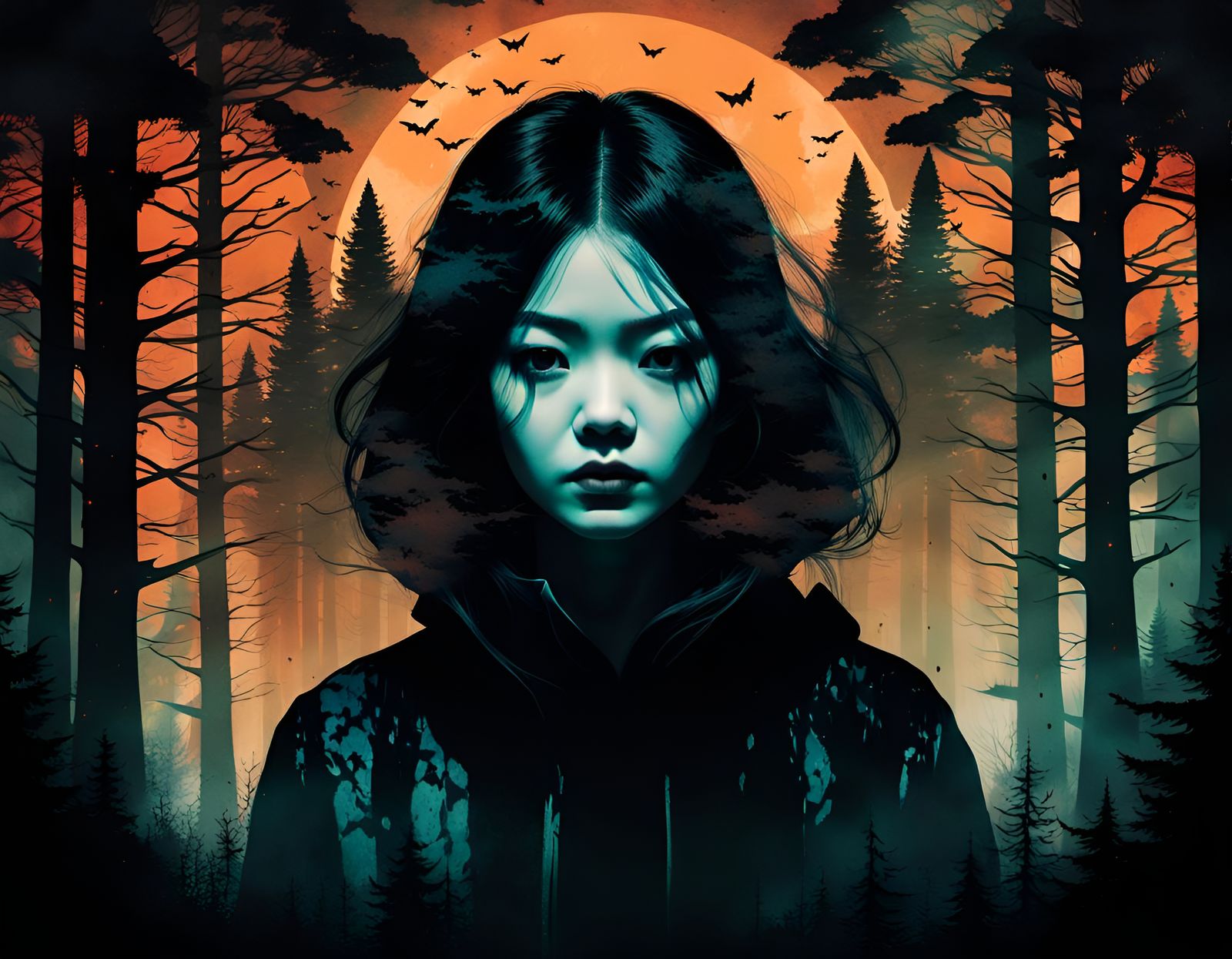 Horror Double Exposure Portrait in Manhwa Style