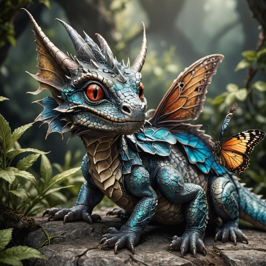 Baby Dragon with Butterfly, Hyperrealistic Image