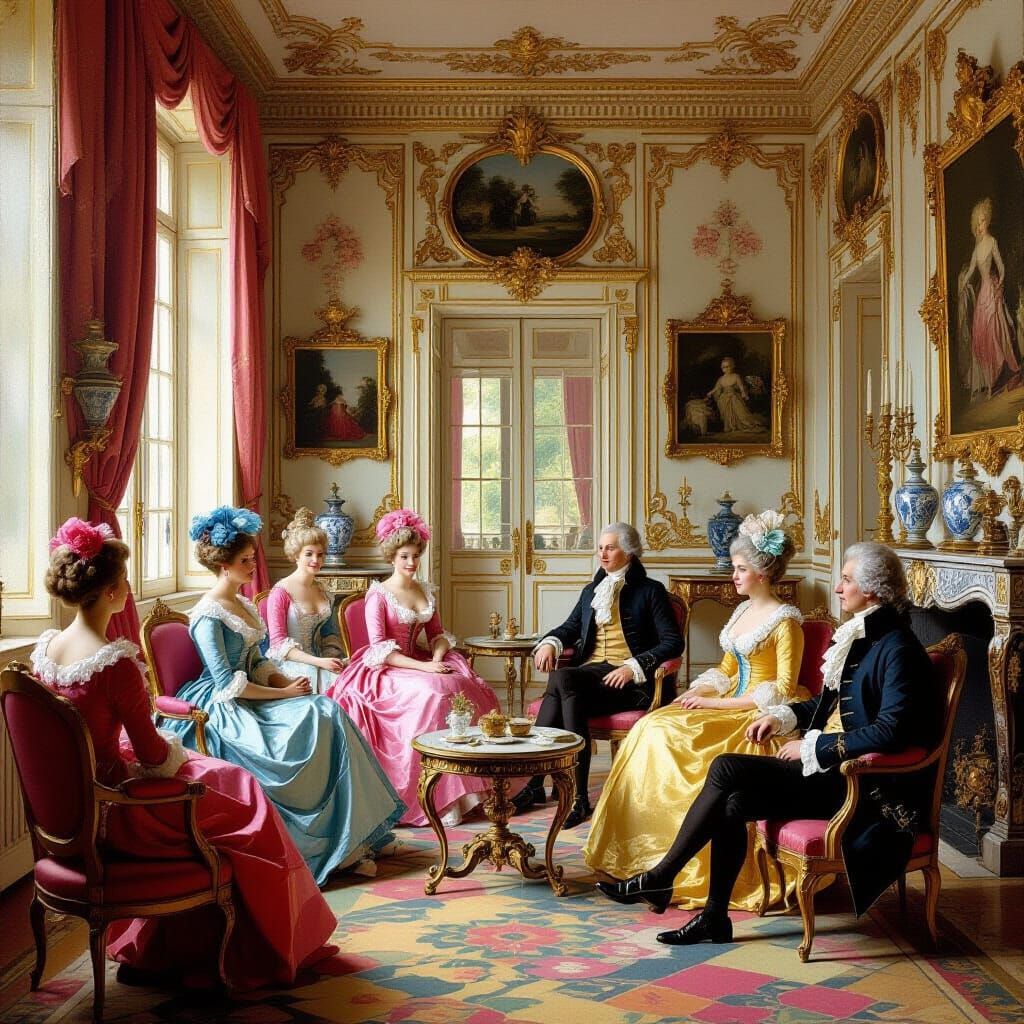 1750 French Salon with Fashionable People in Rococo Style