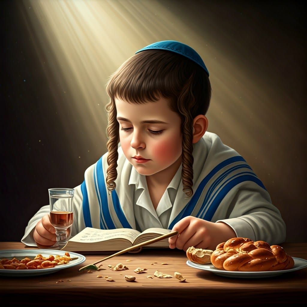 Orthodox Hasidic Boy Blesses Food in Temple Setting