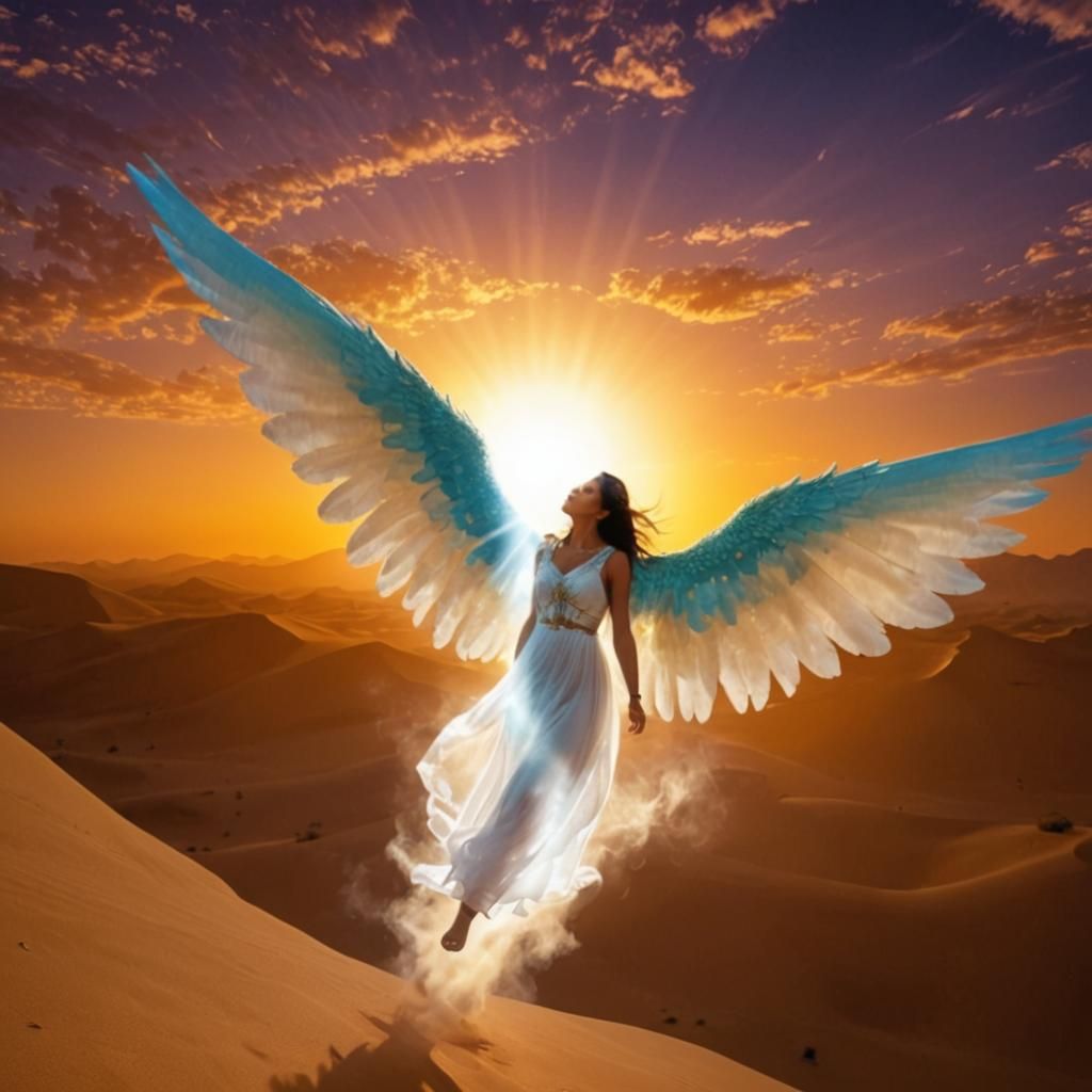 Woman with Wings Above Desert at Sunset