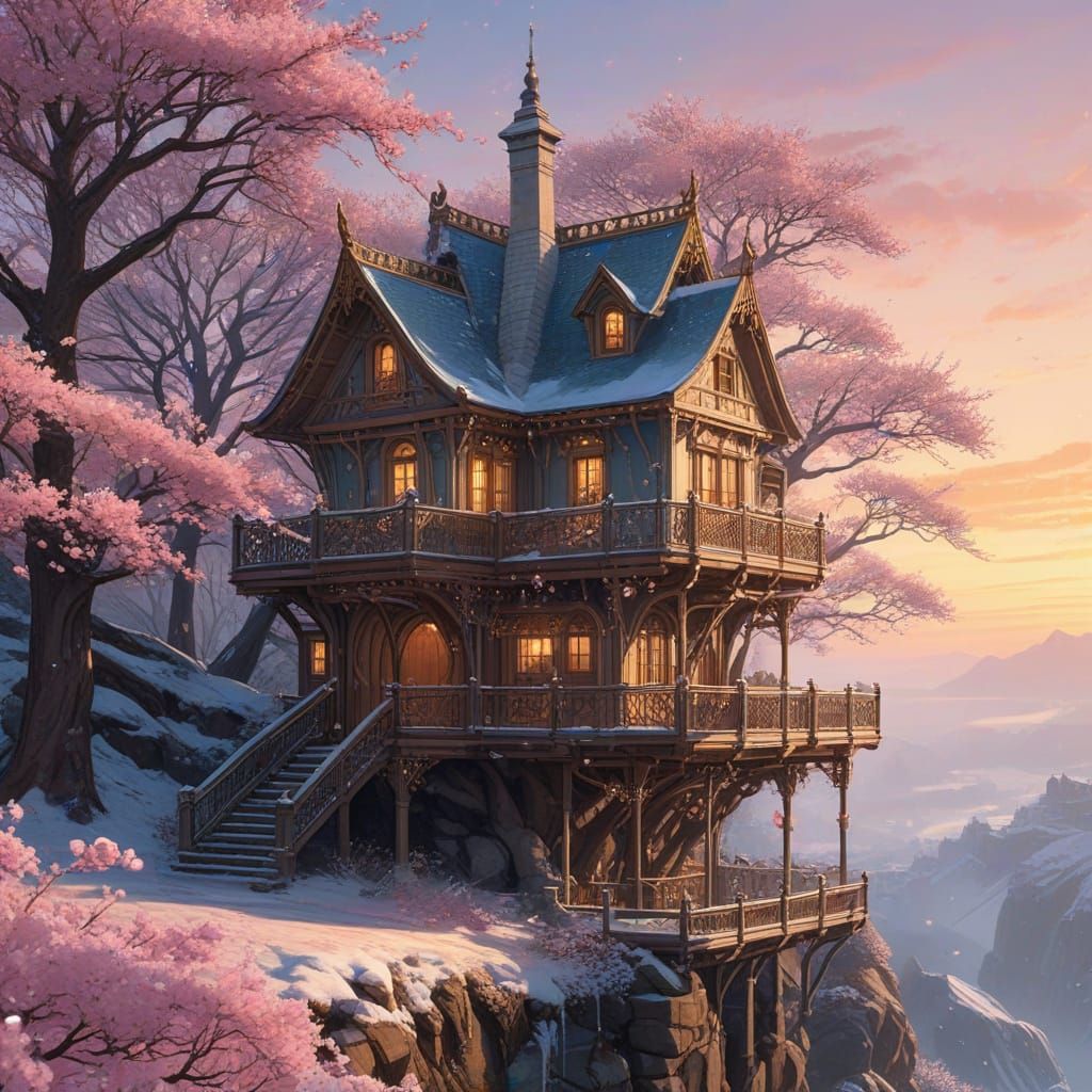 Enchanted Cherry Blossom Treehouse in Winter, Art Nouveau