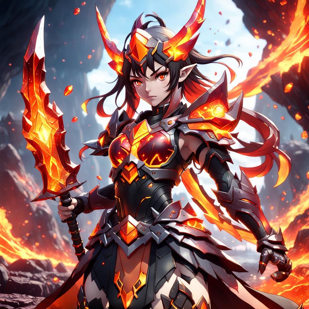Anime Magma Crystal Warrior Girl: Detailed Matte Painting