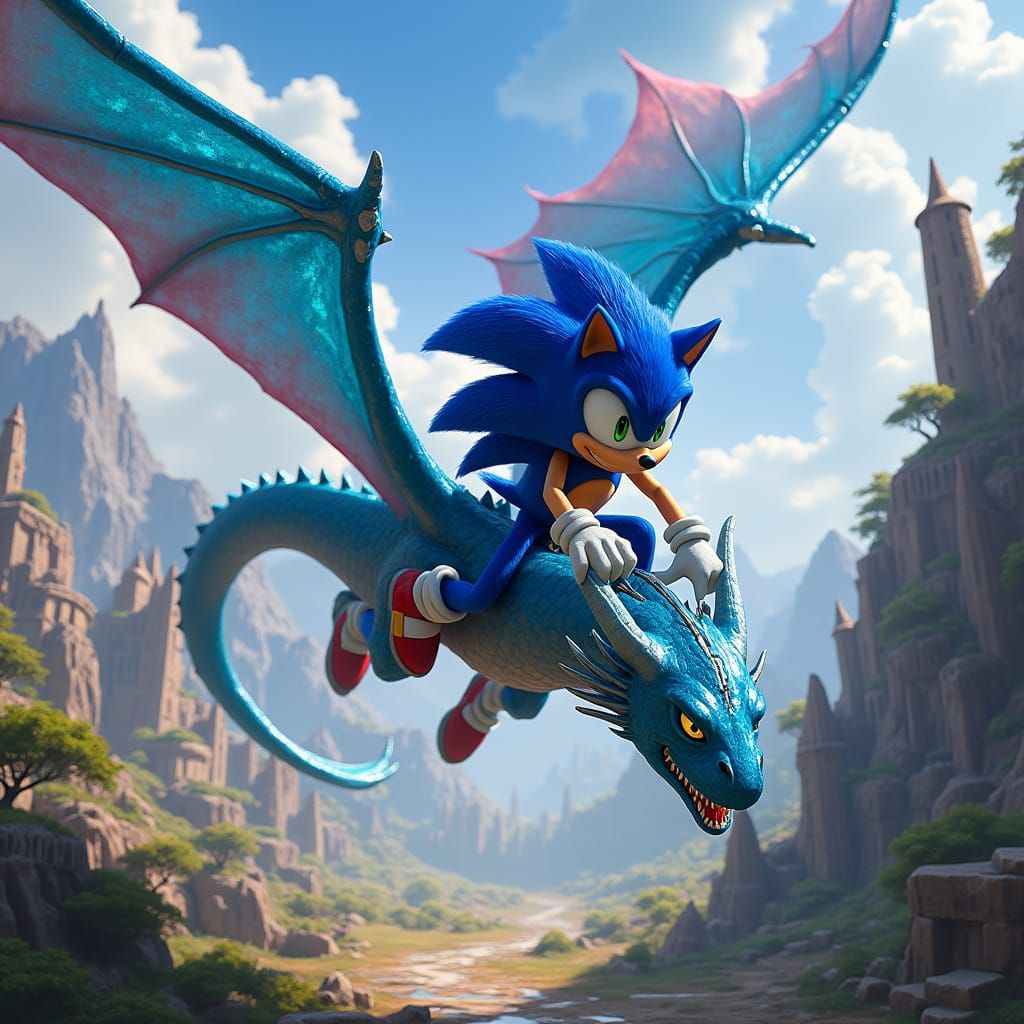 Sonic Rides a Dragon in Fantasy Landscape Art