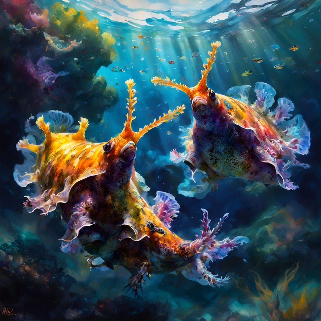Colorful Sea Slug Courting Display as Digital Watercolor