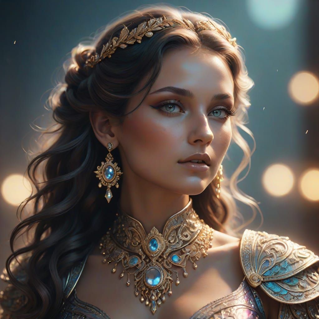 Hyper-Realistic Goddess in Iridescent, Gemstone-Adorned Fine...