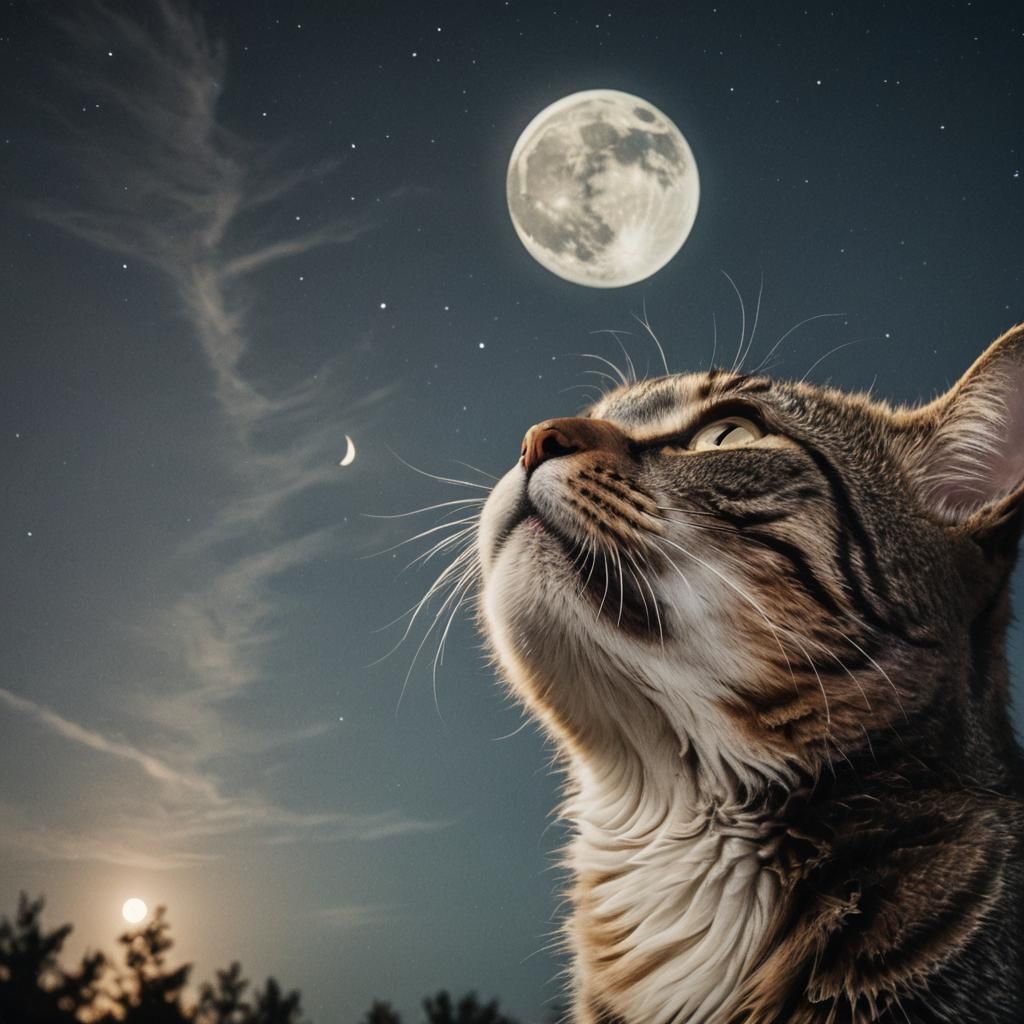 Cinematic Cat Gazing at Crescent Moon