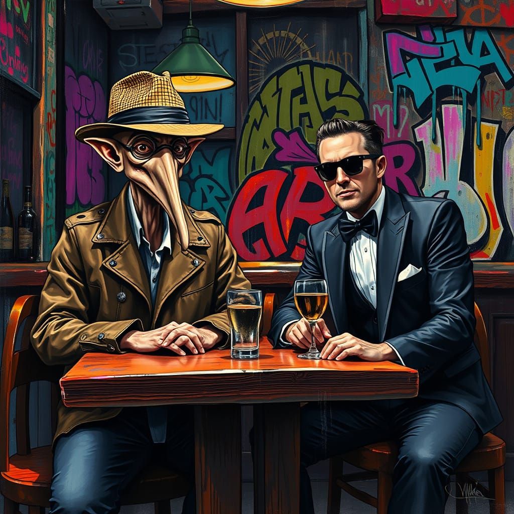 Men in Graffiti-Adorned Pub, Dynamic Street Art Style