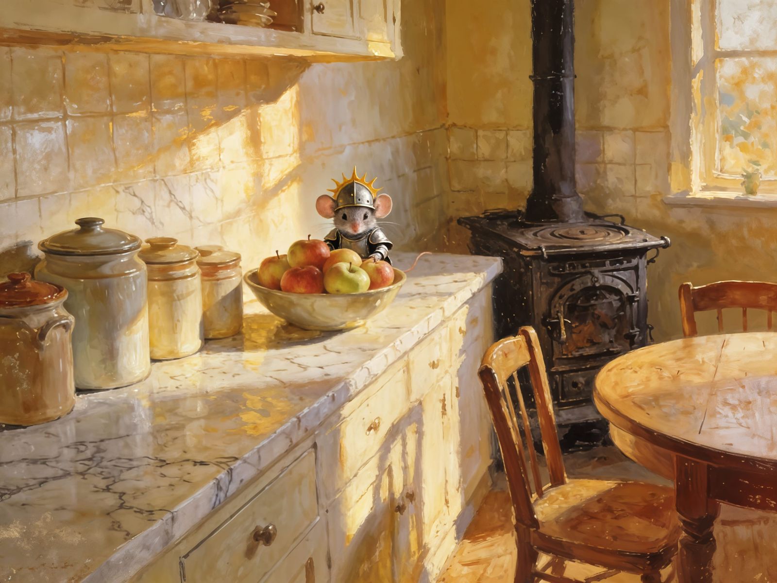 Cute Mouse Knight Peeking from Apples in Farmhouse Kitchen