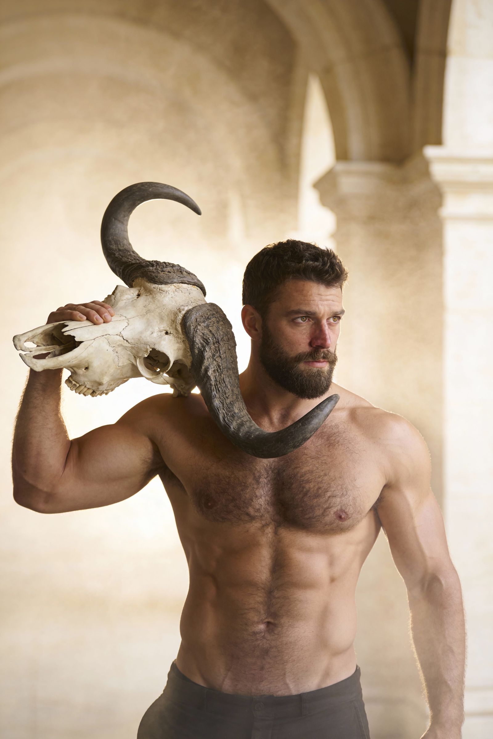 Cinematic Portrait of Muscular Man Holding Skull