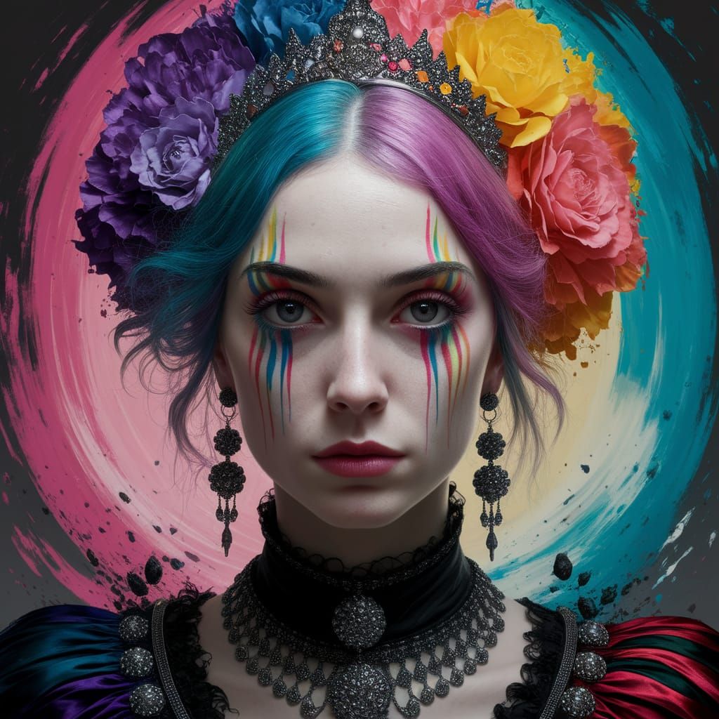 Gothic Goddess Levitates in Vibrant Rainbow