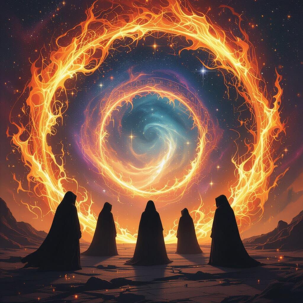 Hooded Figures in Fiery Astral Gateway