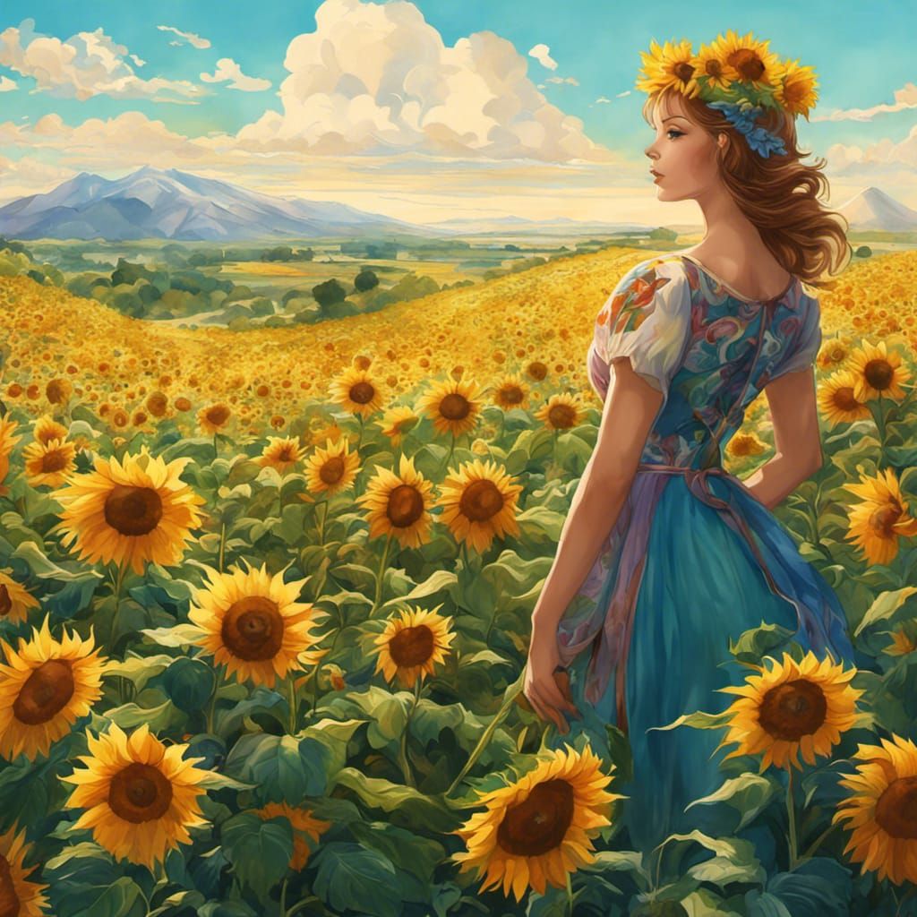 Dreamlike Woman Surrounded by Sunflowers: Watercolor Style