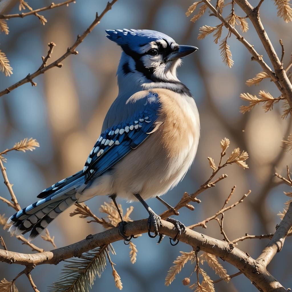 Hyperrealistic Blue Jay Perched on Branch in Sunlight