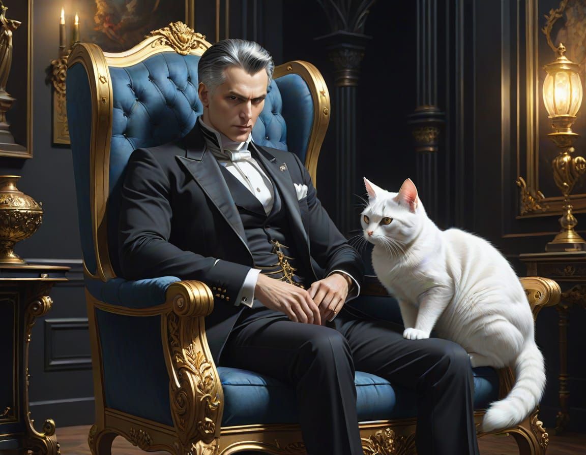Shadowy Mastermind Petting Cat in Gouache Style