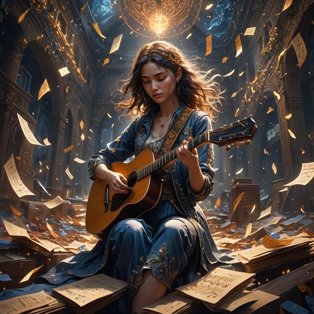 Woman Playing Guitar with Floating Musical Notes