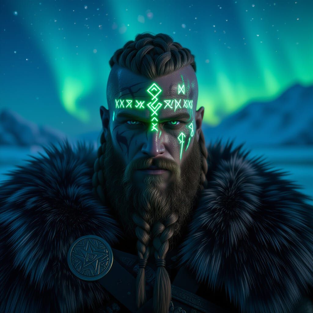 Viking Warrior Portrait with Aurora Borealis