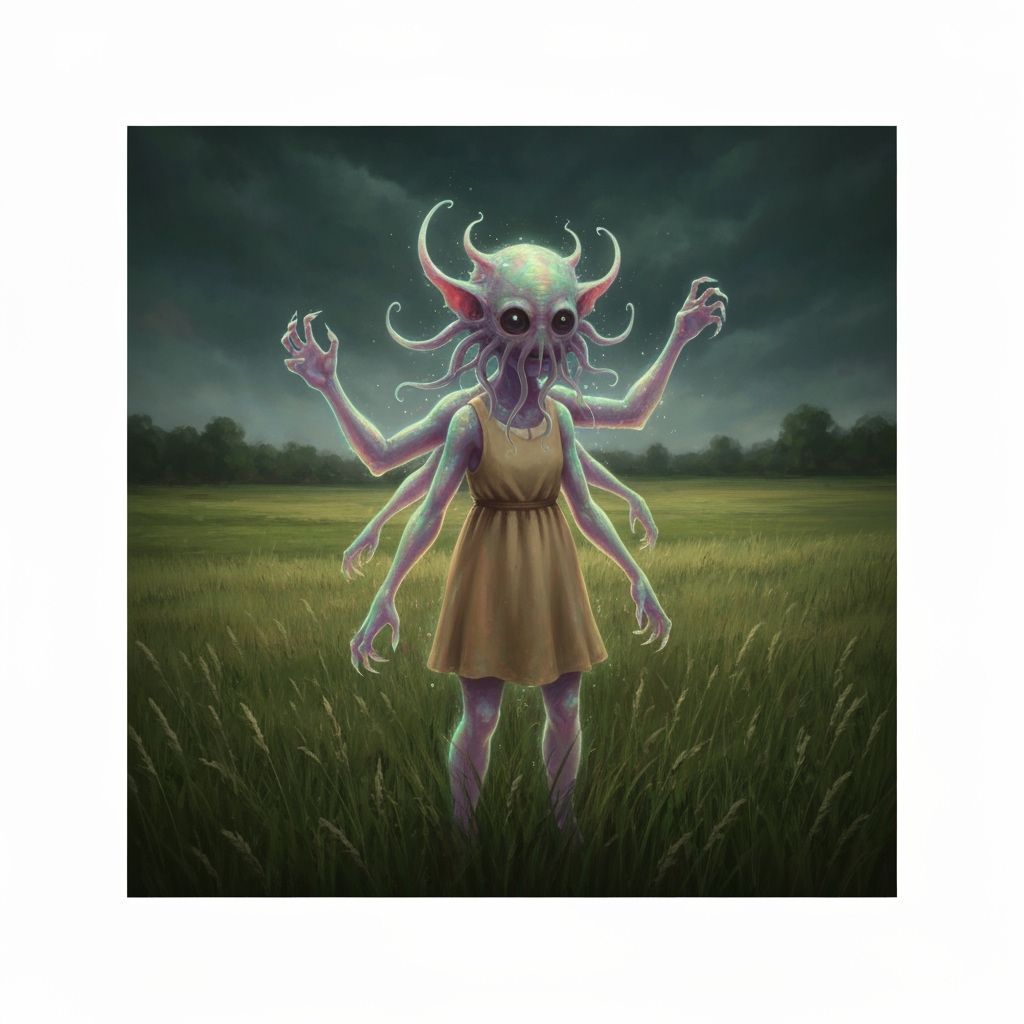 Lovecraftian Monster in Field, Translucent Dress