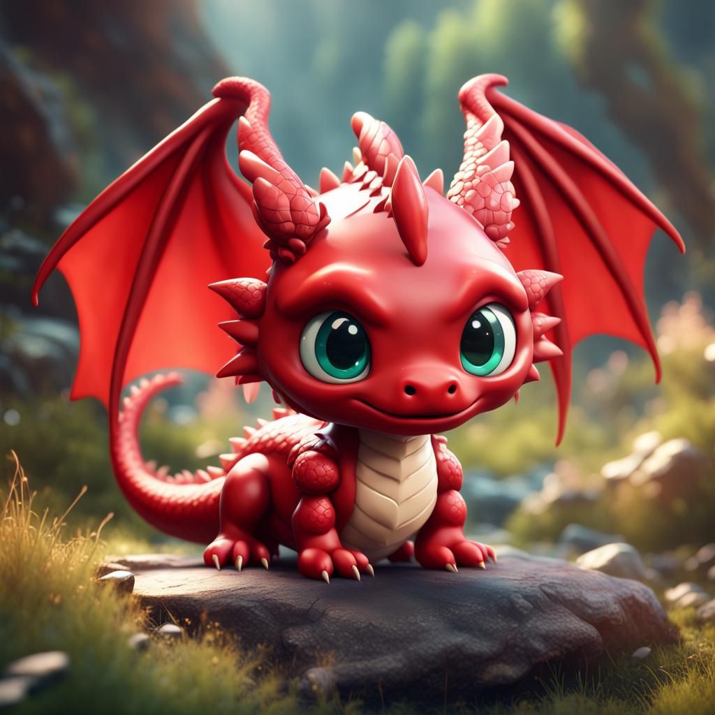 Adorable Red Chibi Dragon in Detailed Fantasy Art