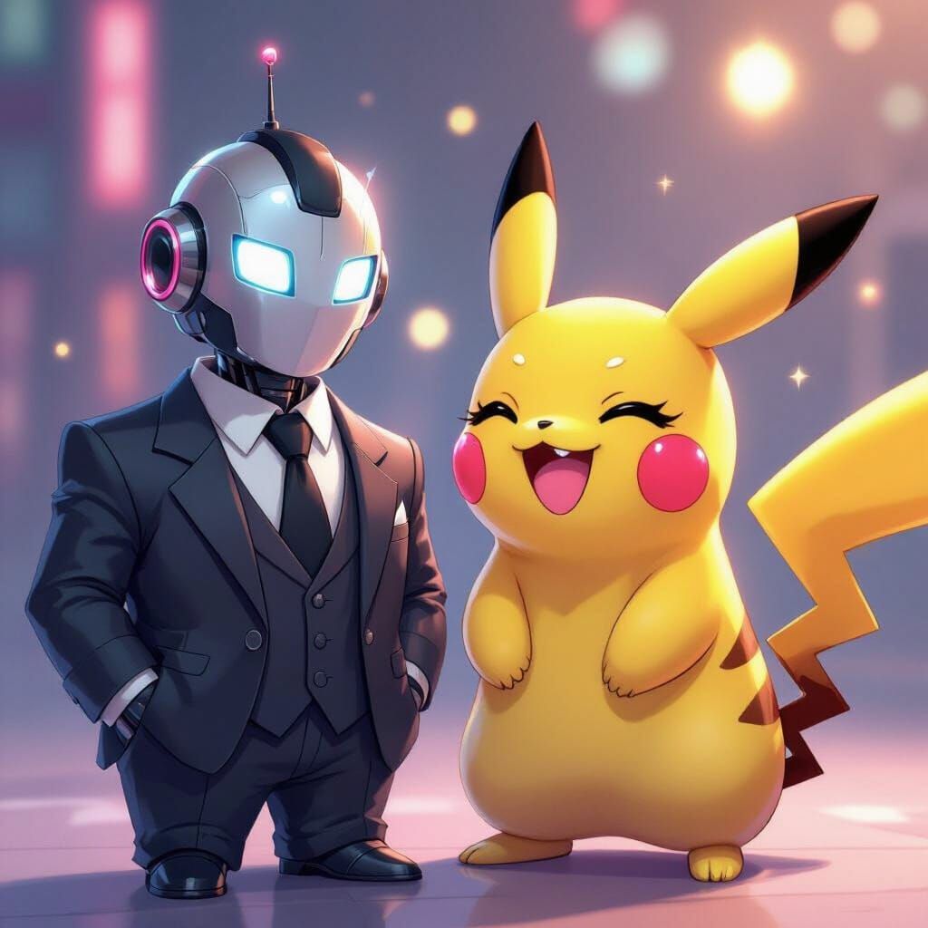 Anime Style Pikachu Laughs With Dapper Mafia Robot