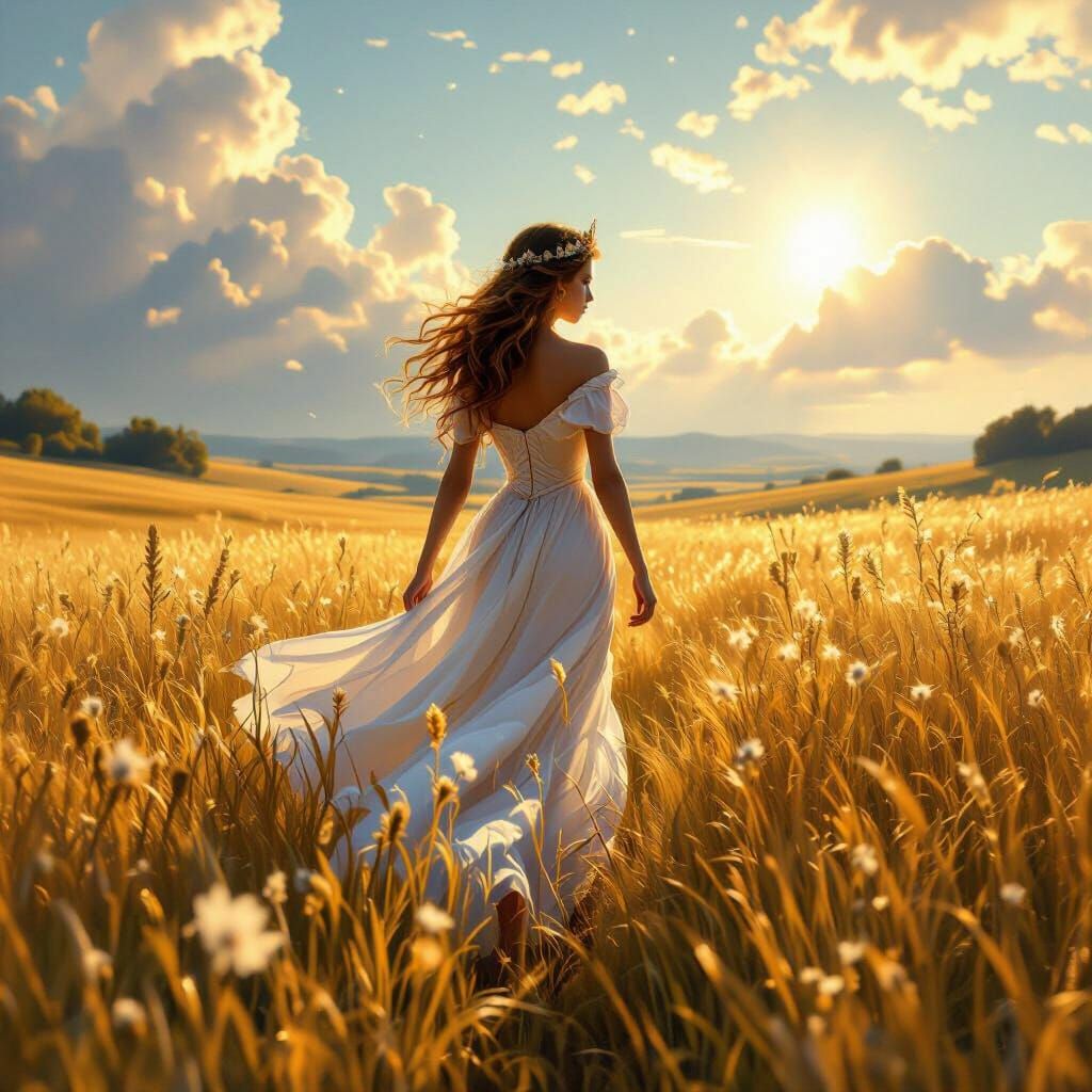 Majestic Princess in Golden Field, Epic Fantasy Illustration