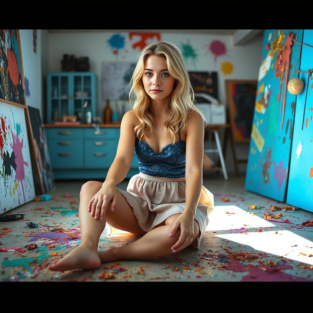 Blonde Woman in Vibrant, Emotional Art Studio
