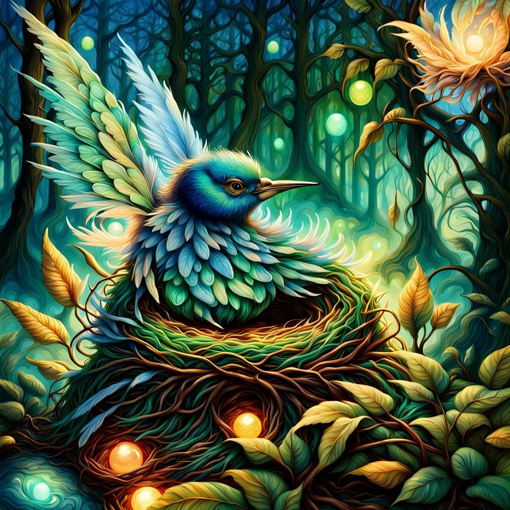 Fairy Bird in Woven Nest: Whimsical Fantasy Art
