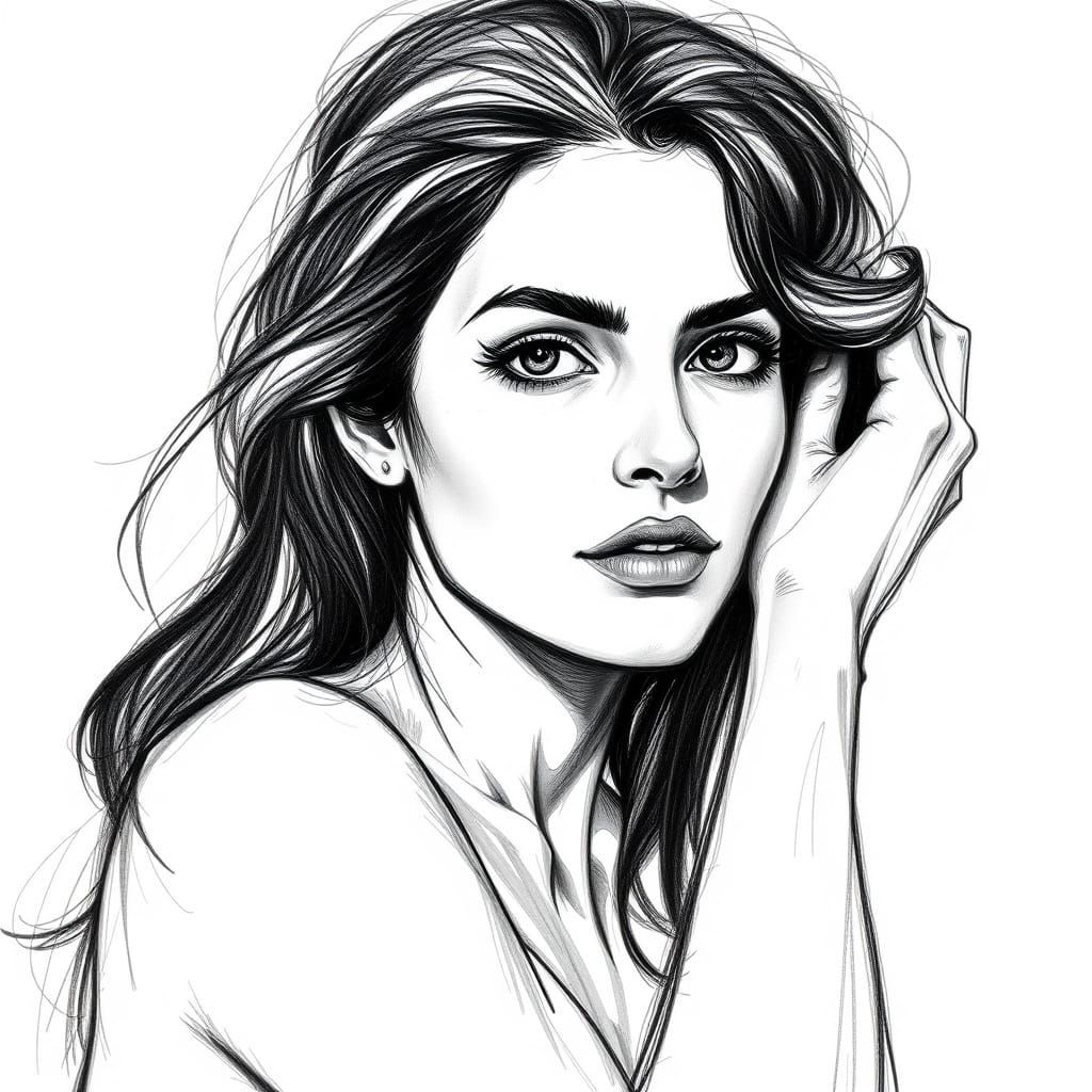 Dramatic Black and White Sketch of a Spanish Woman