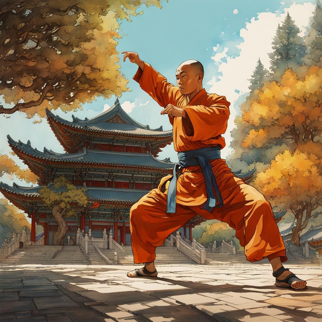 Shaolin Monk Kung Fu Stance in Watercolor Style