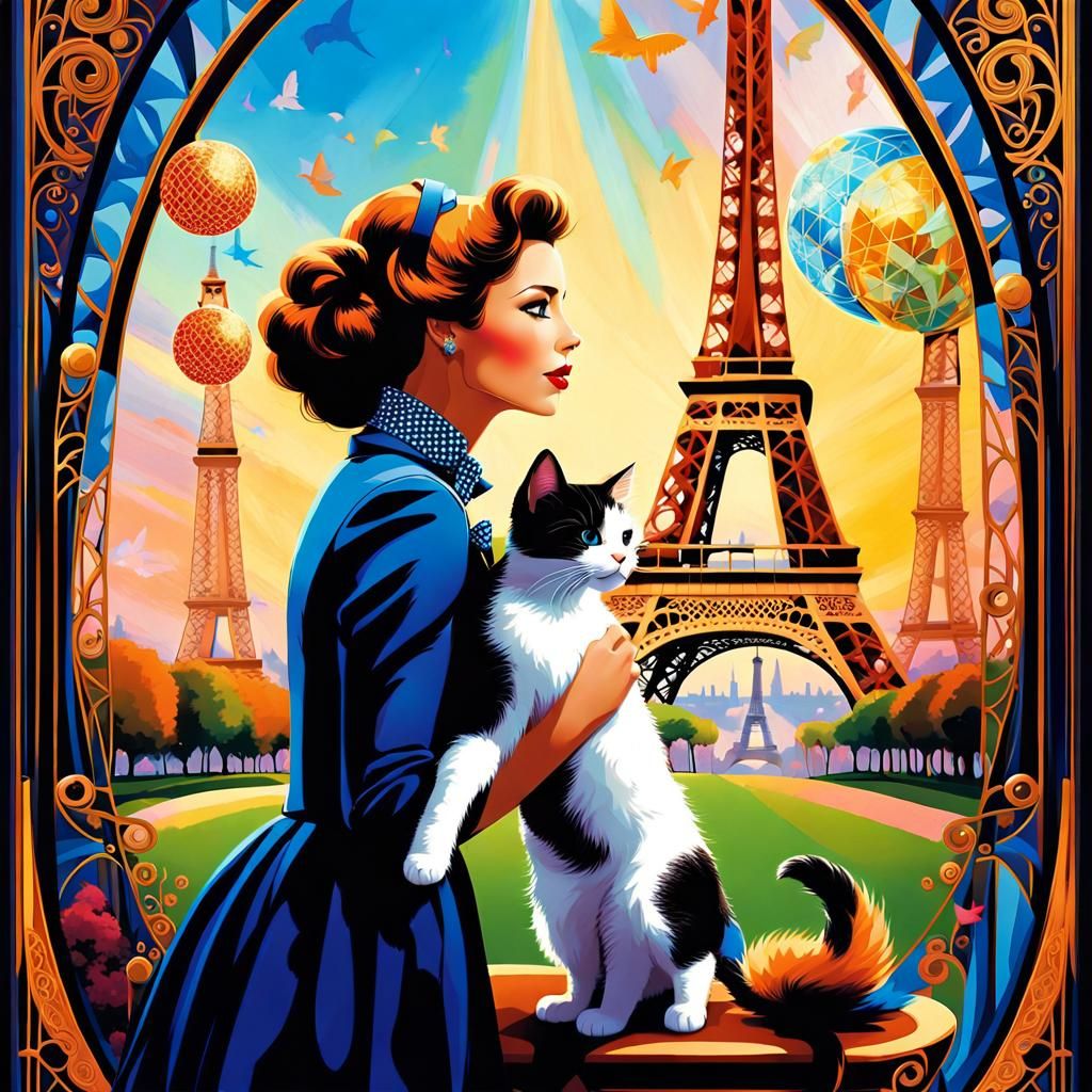 Woman Kissing Eiffel Tower in Cubist Style