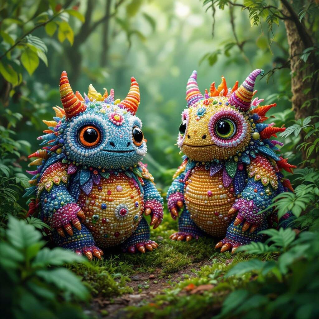 Beaded Monsters in Lush Forest, Whimsical Art Style