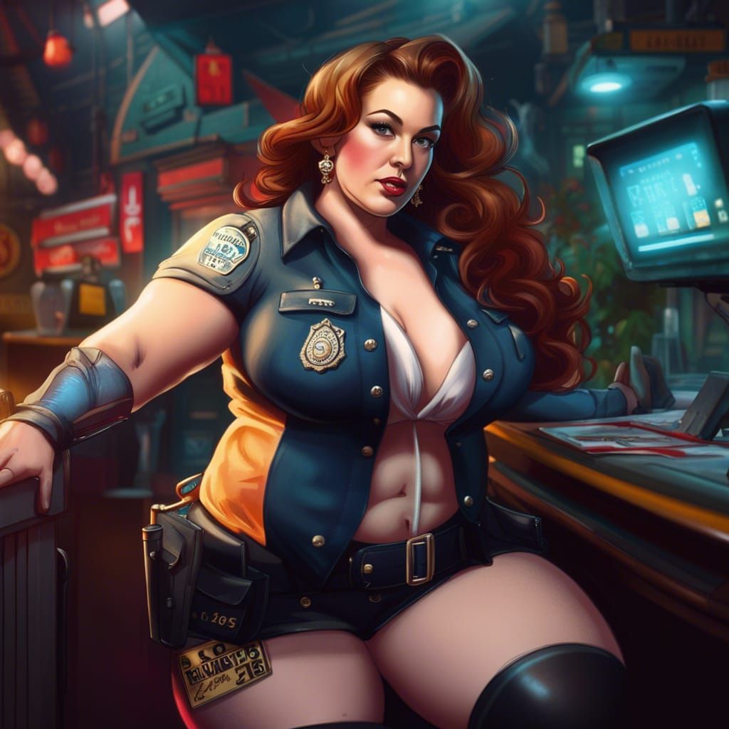 Plus Size Pinup Security Guard in Detailed Matte Painting