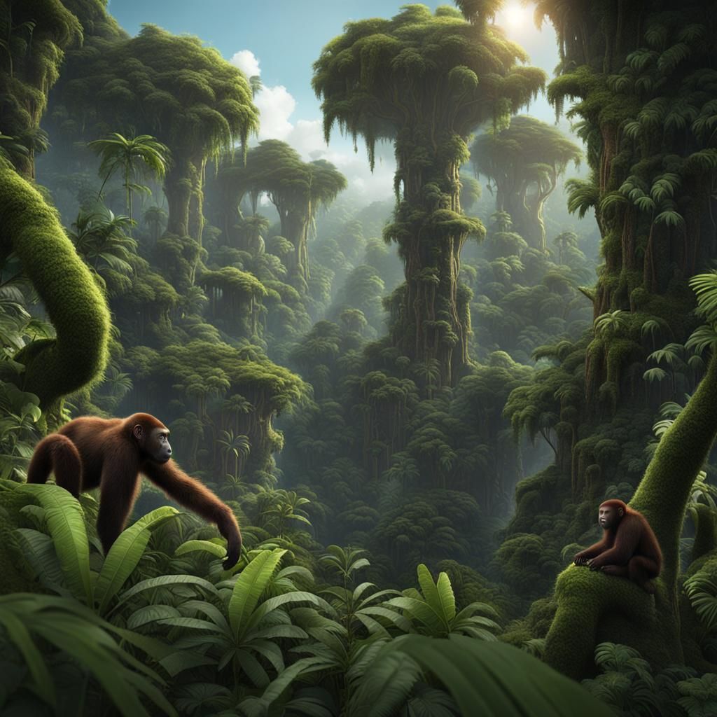 Woolly Monkey in Dense Rainforest: Detailed Matte Painting