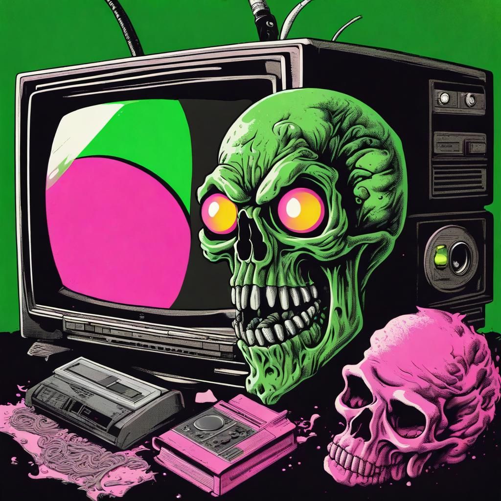 Skull Brain Eyeball Monster in 80s Comic Style