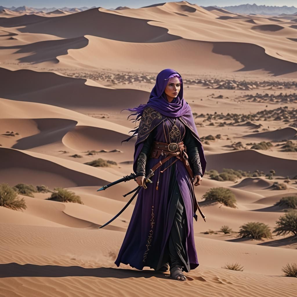 Elf Warrior in Abaya on Desert Dunes