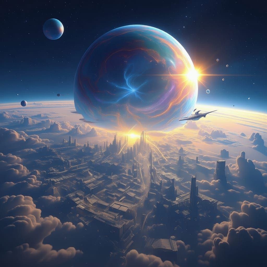 Giant Planet with Exotic Ships and Celestial Wonders