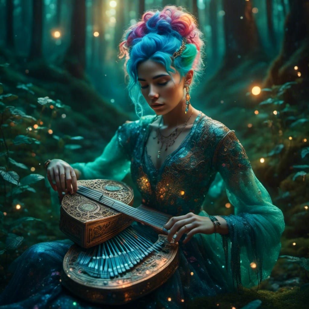 Woman with Rainbow Hair in Forest, Digital Art