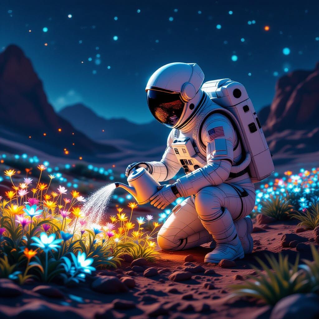 Astronaut Tends Alien Garden on Mars in Holographic Style