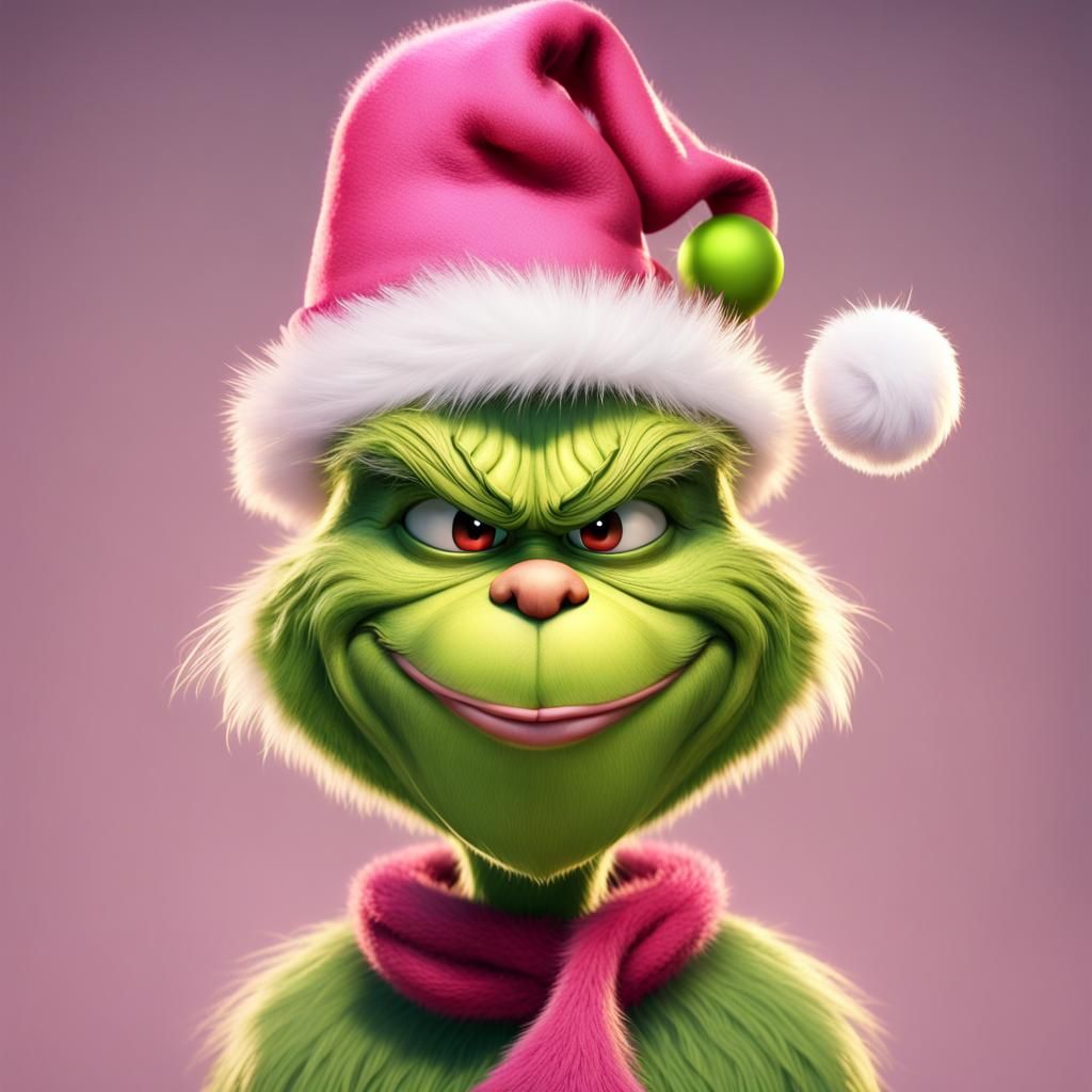 Grinch with Pink Santa Hat, Detailed Matte Painting