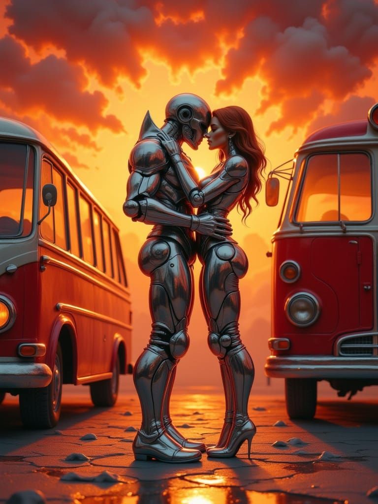 Claymation Cyber Lovers Embrace at Sunset Bus Station