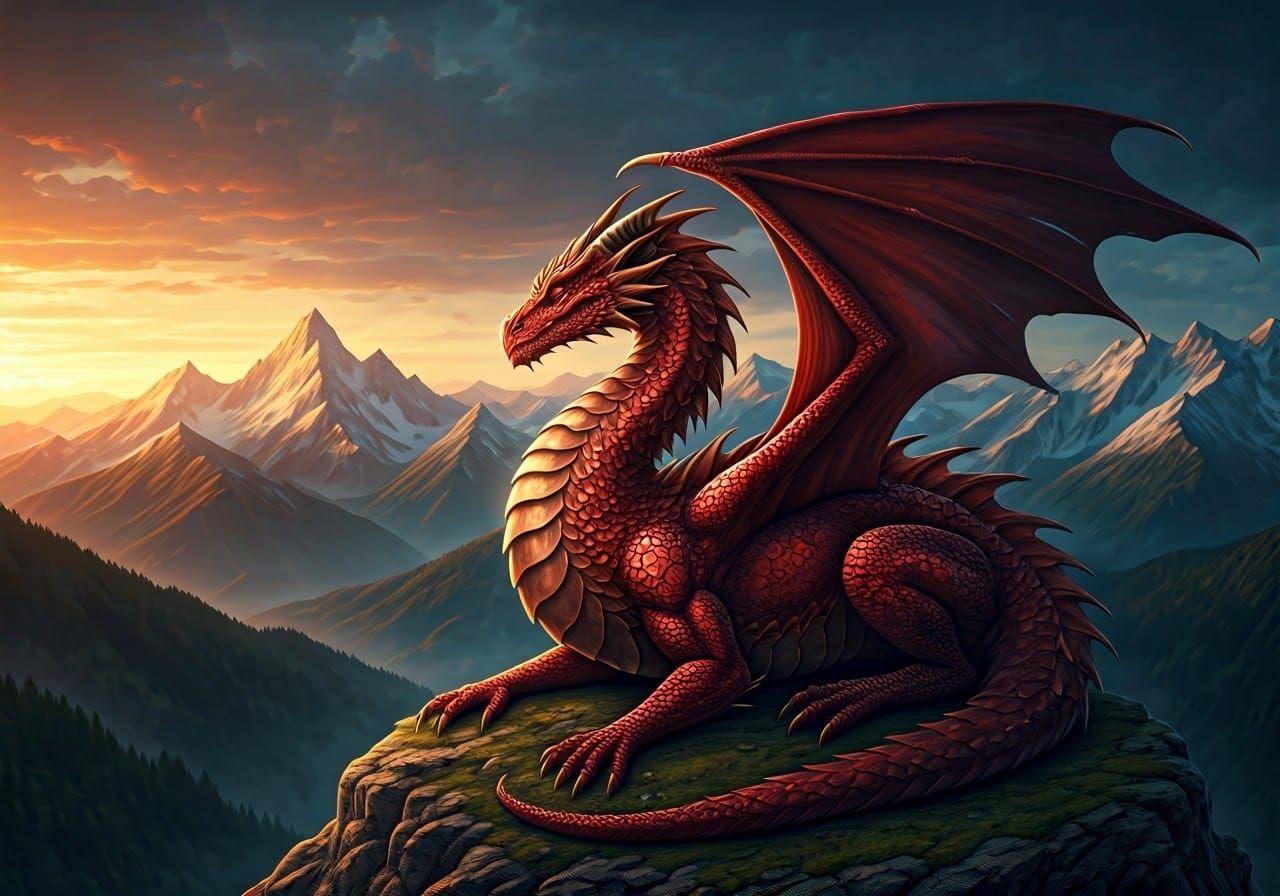 Majestic Scarlet Dragon Amid Alpine Peaks at Sunset