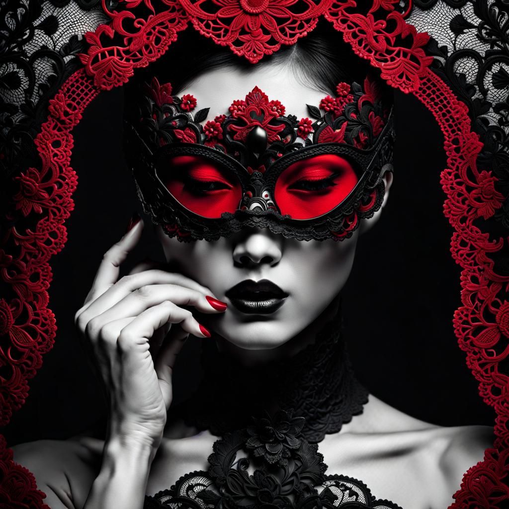 Korean Woman in Black Suit with Red Lace Blindfold