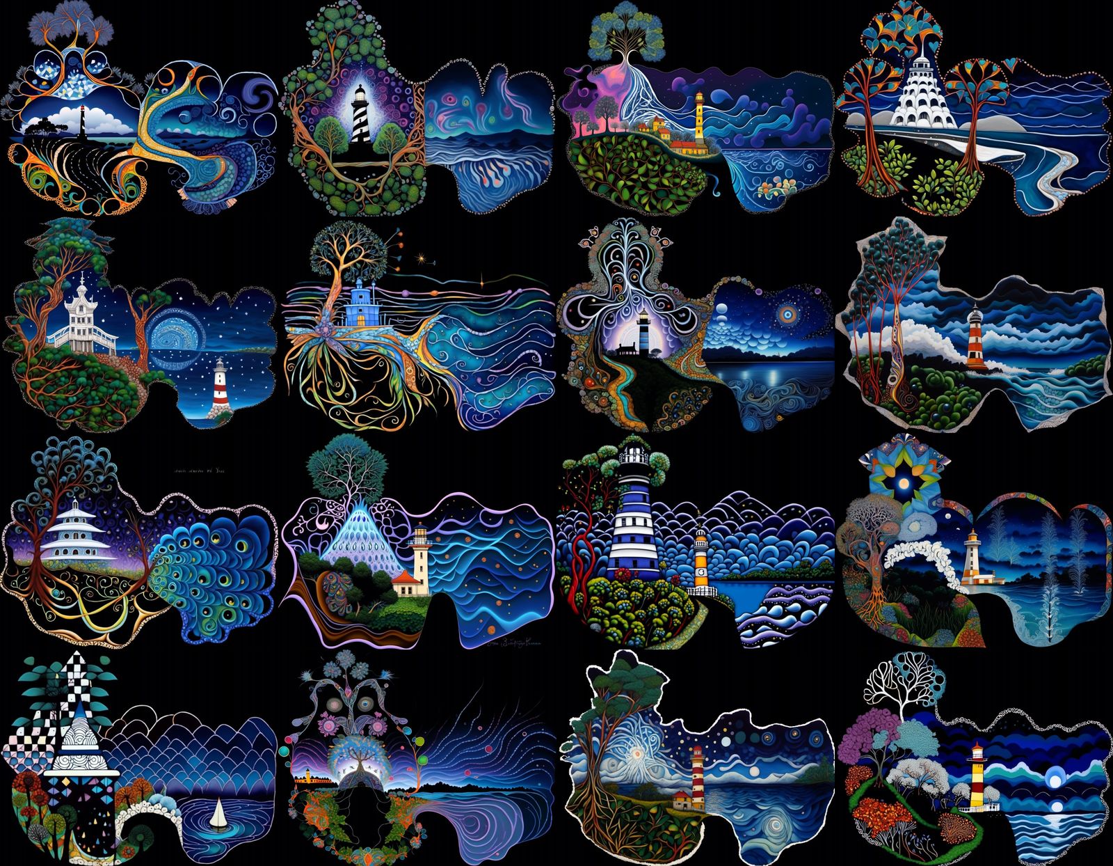 Fractal River Tree with Quantum Zentangle Lighthouse