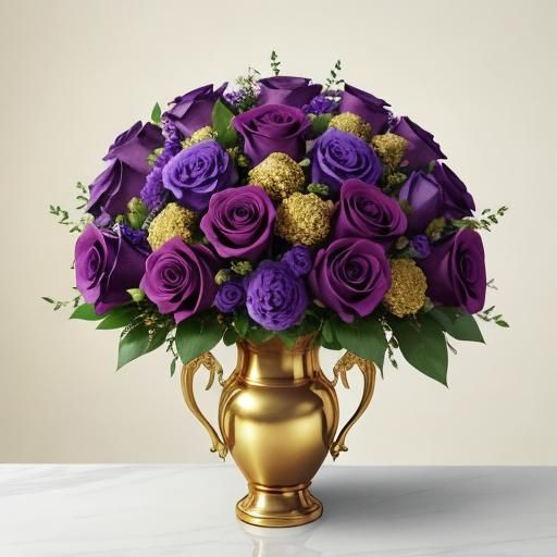 Bouquet of purple roses in a gold vase